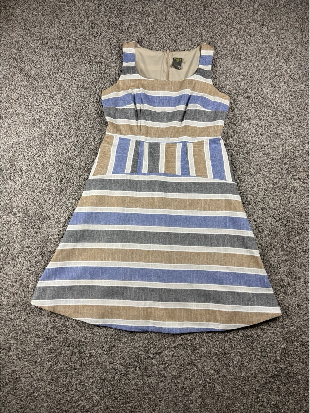 Taylor Womens Striped Fit Flare Dress Sleeveless Blue Beige White Size 8